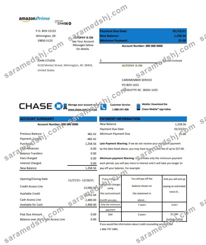 USA Chase credit card statement